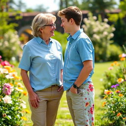 A 50-year-old woman and an 18-year-old boy in a serene, picturesque garden during a casual picnic outing