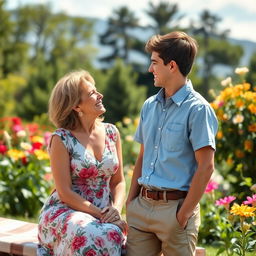 A 50-year-old woman and an 18-year-old boy in a serene, picturesque garden during a casual picnic outing