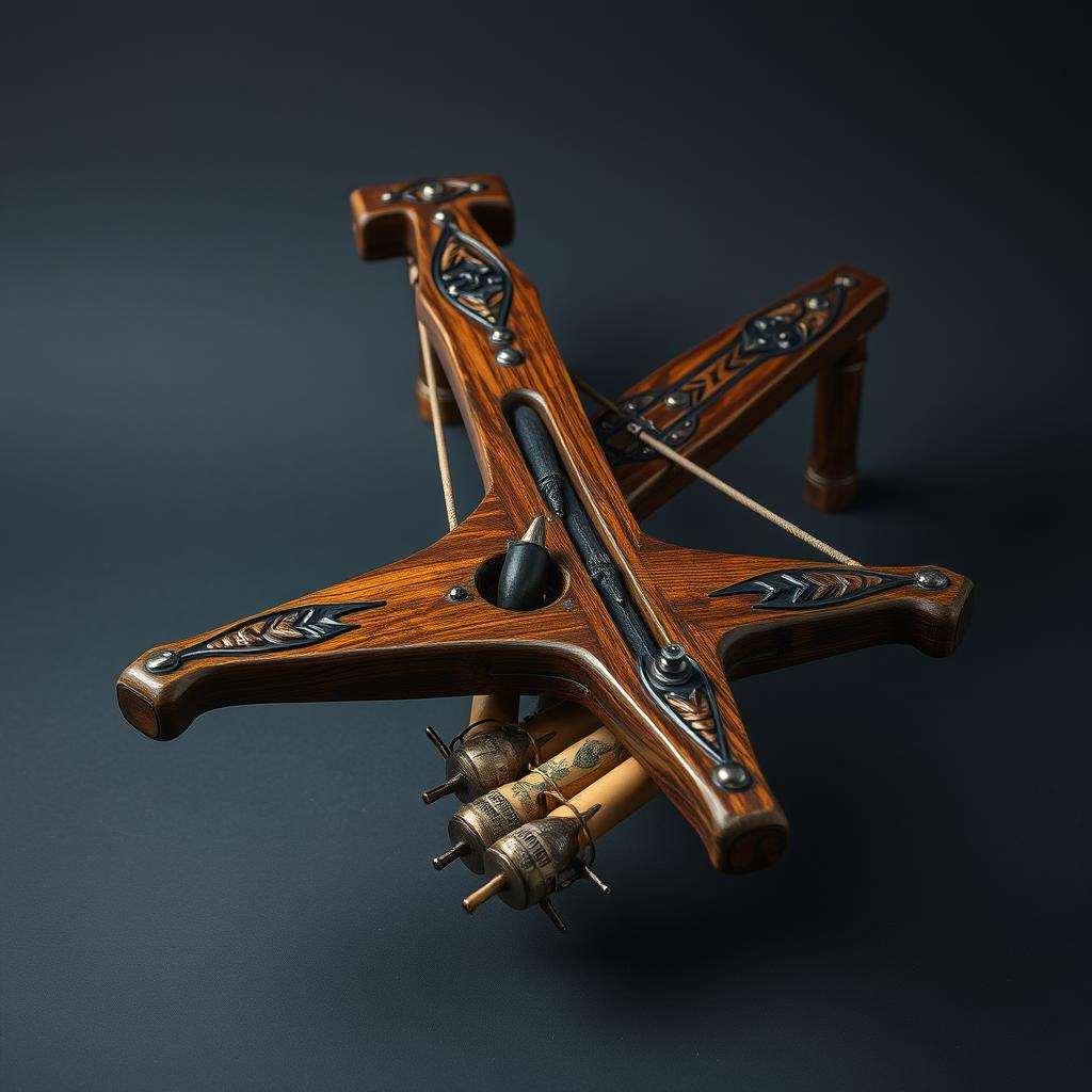 A medieval-inspired crossbow-shaped weapon designed for launching various explosives