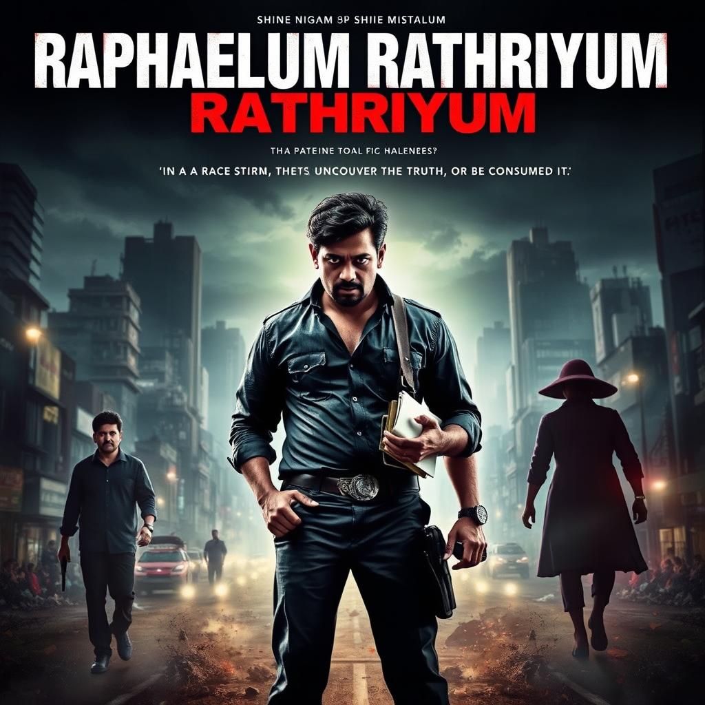 A thrilling movie poster for 'Raphaelum Rathriyum' featuring Malayalam actor Shine Nigam as Raphael