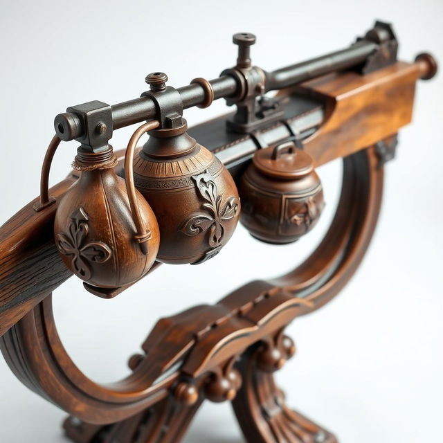 A medieval-style grenade launcher, designed to reflect the aesthetics and craftsmanship of the era