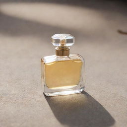 A stunning perfume bottle elegantly laying on the ground, shimmering under the natural light.