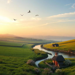 Ethereal tranquility in a serene countryside landscape, featuring lush green fields, a gentle flowing river, and distant rolling hills beneath a pastel-colored sky during the golden hour