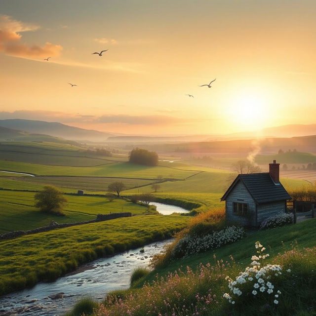 Ethereal tranquility in a serene countryside landscape, featuring lush green fields, a gentle flowing river, and distant rolling hills beneath a pastel-colored sky during the golden hour