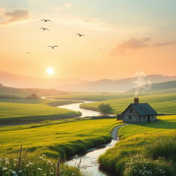 Ethereal tranquility in a serene countryside landscape, featuring lush green fields, a gentle flowing river, and distant rolling hills beneath a pastel-colored sky during the golden hour