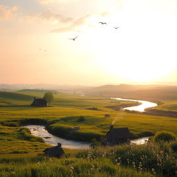 Ethereal tranquility in a serene countryside landscape, featuring lush green fields, a gentle flowing river, and distant rolling hills beneath a pastel-colored sky during the golden hour