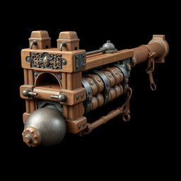 A medieval-themed grenade launcher, crafted with the aesthetics and materials of the medieval era