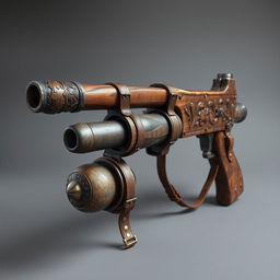 A medieval-themed grenade launcher, crafted with the aesthetics and materials of the medieval era