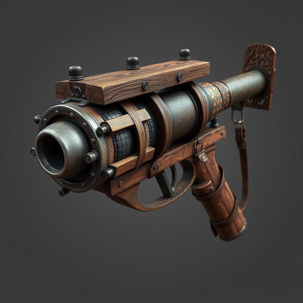 A medieval-themed grenade launcher, crafted with the aesthetics and materials of the medieval era