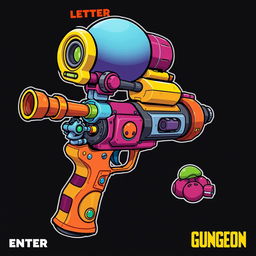 A detailed depiction of the grenade launcher from the game 'Enter the Gungeon,' featuring its distinct, vibrant and cartoonish aesthetic