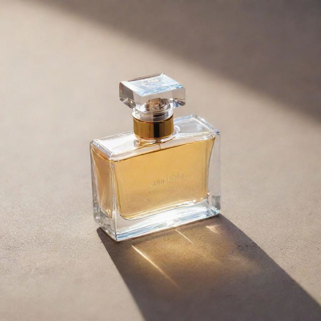 A stunning perfume bottle elegantly laying on the ground, shimmering under the natural light.