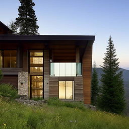 A modern mountain home exterior made from materials like wood and stone, characterized by a dominating glass front. Features a spacious living room with a fireplace, 3 bedrooms, 1.5 bathrooms, and a welcoming wooden deck.