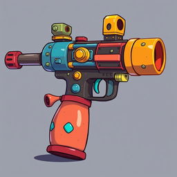 A detailed depiction of the grenade launcher from the game 'Enter the Gungeon,' featuring its distinct, vibrant and cartoonish aesthetic