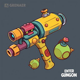 A detailed depiction of the grenade launcher from the game 'Enter the Gungeon,' featuring its distinct, vibrant and cartoonish aesthetic