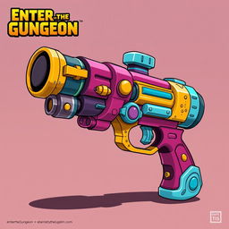 A detailed depiction of the grenade launcher from the game 'Enter the Gungeon,' featuring its distinct, vibrant and cartoonish aesthetic