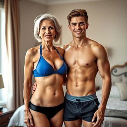 A 60-year-old woman with elegant silver hair wearing a blue bra and black panties, exuding confidence and grace