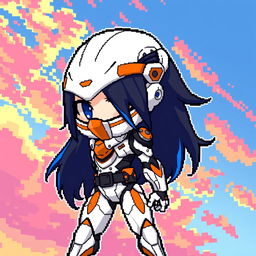 Chibi style futuristic warrior in pixel art, wearing a sleek white and orange exosuit, with black and blue long hair