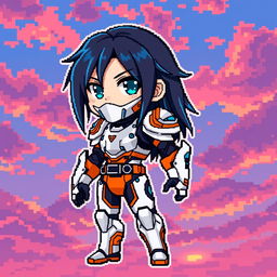 Chibi style futuristic warrior in pixel art, wearing a sleek white and orange exosuit, with black and blue long hair