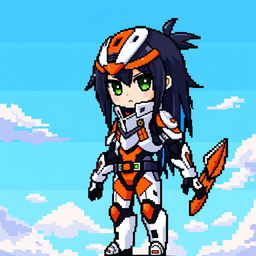 Chibi style futuristic warrior in pixel art, wearing a sleek white and orange exosuit, with black and blue long hair