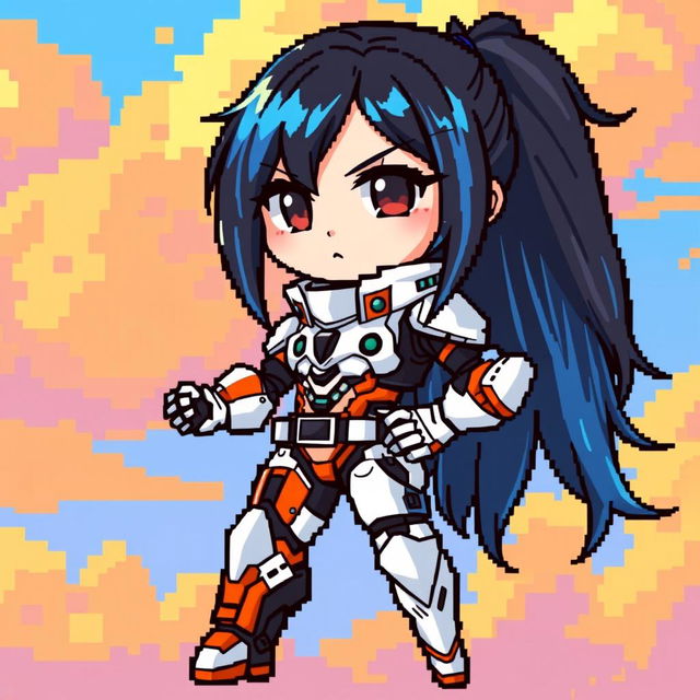 Chibi style futuristic warrior in pixel art, wearing a sleek white and orange exosuit, with black and blue long hair