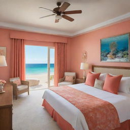 A luxurious coral-themed room with a stunning beachfront view, featuring subtle nuances of underwater motifs in the decor.