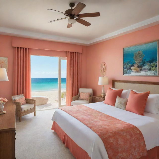 A luxurious coral-themed room with a stunning beachfront view, featuring subtle nuances of underwater motifs in the decor.