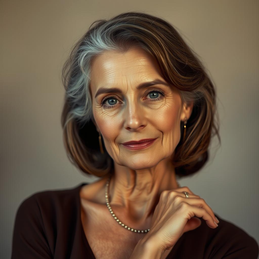 Elegant and tasteful portrayal of a 60-year-old woman with a serene expression, focusing on natural beauty and grace, in a classic artistic pose reminiscent of Renaissance art