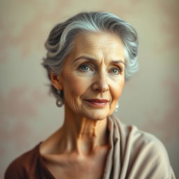 Elegant and tasteful portrayal of a 60-year-old woman with a serene expression, focusing on natural beauty and grace, in a classic artistic pose reminiscent of Renaissance art