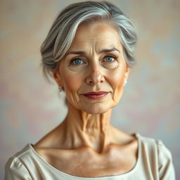 Elegant and tasteful portrayal of a 60-year-old woman with a serene expression, focusing on natural beauty and grace, in a classic artistic pose reminiscent of Renaissance art