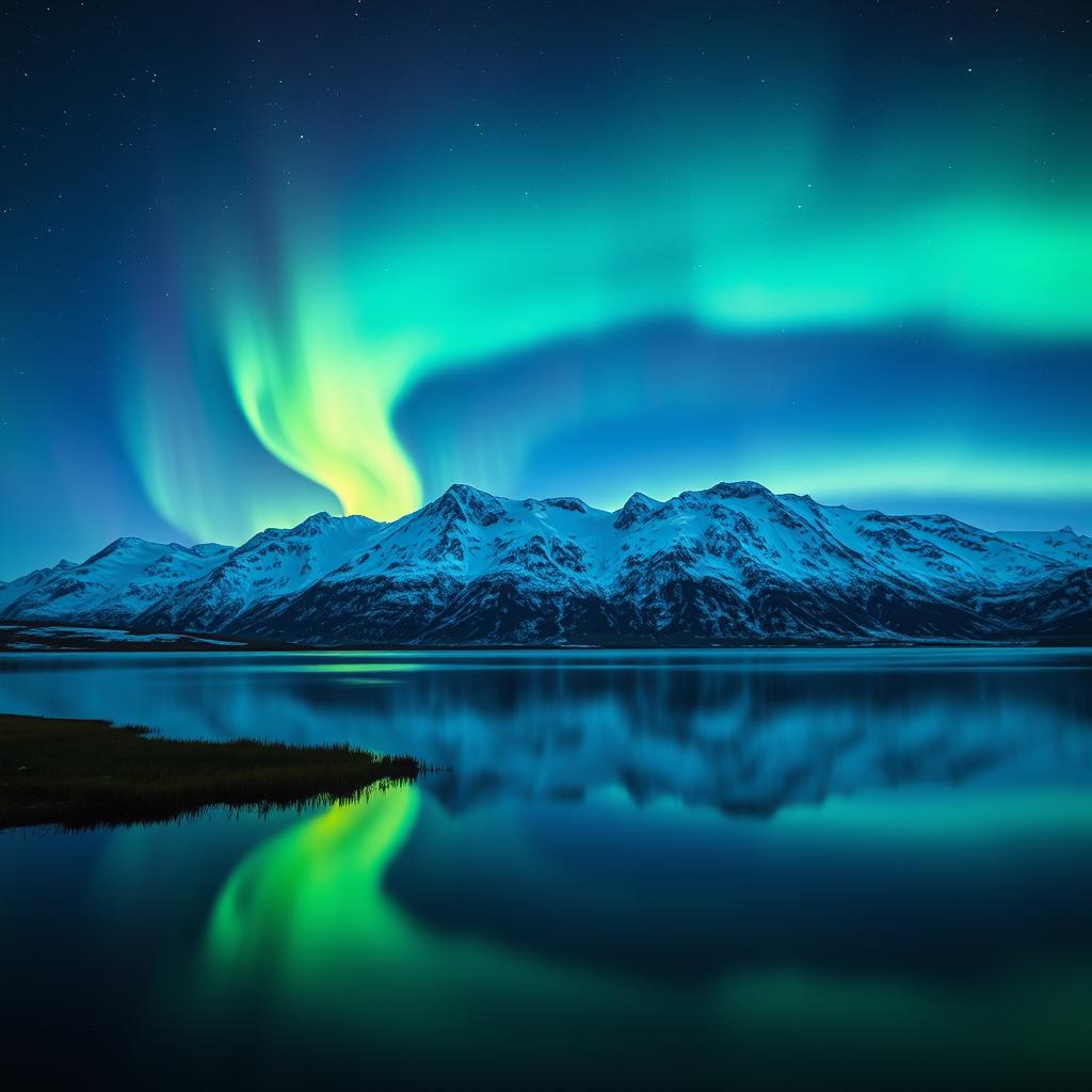 A tranquil landscape featuring the mesmerizing Northern Lights dancing across the night sky