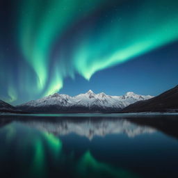 A tranquil landscape featuring the mesmerizing Northern Lights dancing across the night sky