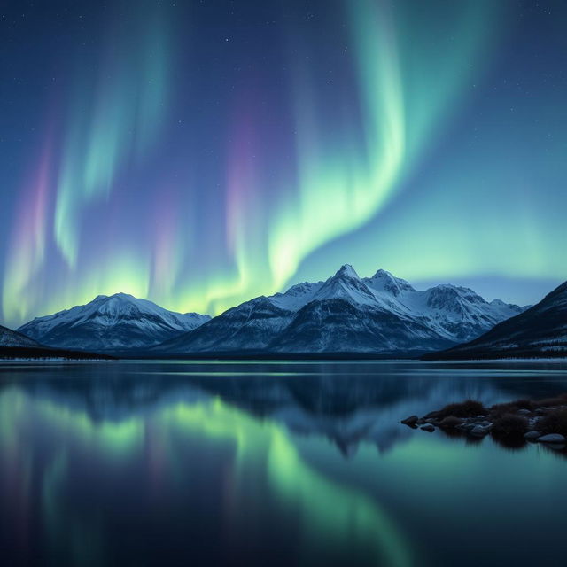 A tranquil landscape featuring the mesmerizing Northern Lights dancing across the night sky