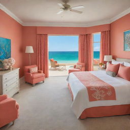 A luxurious coral-themed room with a stunning beachfront view, featuring subtle nuances of underwater motifs in the decor.