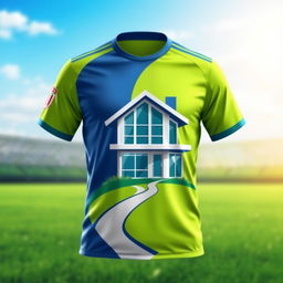 a unique football shirt design with a house motif on the front, the house is depicted in a modern architectural style with sleek lines and large windows, the shirt is vibrant and dynamic, suitable for a football enthusiast, it incorporates shades of green and blue to symbolize the grass and sky, with a touch of silver to highlight the modern features of the house, the background of the shirt is a subtle gradient of light blue turning to white, creating an effect of a sunny day sky