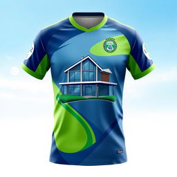 a unique football shirt design with a house motif on the front, the house is depicted in a modern architectural style with sleek lines and large windows, the shirt is vibrant and dynamic, suitable for a football enthusiast, it incorporates shades of green and blue to symbolize the grass and sky, with a touch of silver to highlight the modern features of the house, the background of the shirt is a subtle gradient of light blue turning to white, creating an effect of a sunny day sky