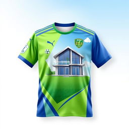 a unique football shirt design with a house motif on the front, the house is depicted in a modern architectural style with sleek lines and large windows, the shirt is vibrant and dynamic, suitable for a football enthusiast, it incorporates shades of green and blue to symbolize the grass and sky, with a touch of silver to highlight the modern features of the house, the background of the shirt is a subtle gradient of light blue turning to white, creating an effect of a sunny day sky