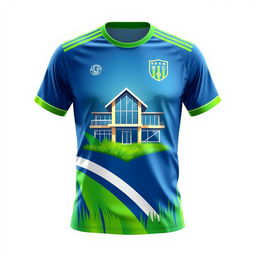 a unique football shirt design with a house motif on the front, the house is depicted in a modern architectural style with sleek lines and large windows, the shirt is vibrant and dynamic, suitable for a football enthusiast, it incorporates shades of green and blue to symbolize the grass and sky, with a touch of silver to highlight the modern features of the house, the background of the shirt is a subtle gradient of light blue turning to white, creating an effect of a sunny day sky