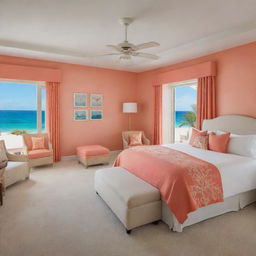 A luxurious coral-themed room with a stunning beachfront view, featuring subtle nuances of underwater motifs in the decor.