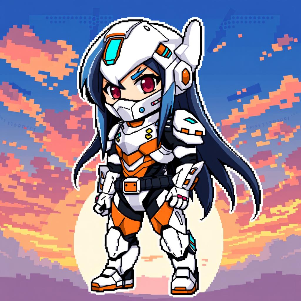 Chibi style futuristic warrior in pixel art, wearing a sleek white and orange exosuit, with black and blue long hair