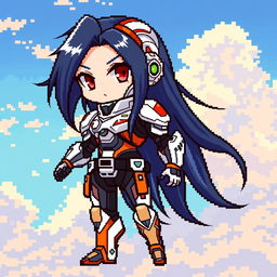 Chibi style futuristic warrior in pixel art, wearing a sleek white and orange exosuit, with black and blue long hair