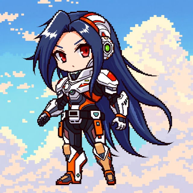 Chibi style futuristic warrior in pixel art, wearing a sleek white and orange exosuit, with black and blue long hair