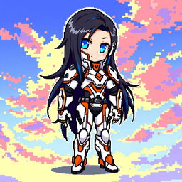 Chibi style futuristic warrior in pixel art, wearing a sleek white and orange exosuit, with black and blue long hair