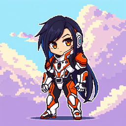 Chibi style futuristic warrior in pixel art, wearing a sleek white and orange exosuit, with black and blue long hair