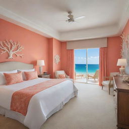 A luxurious coral-themed room with a stunning beachfront view, featuring subtle nuances of underwater motifs in the decor.