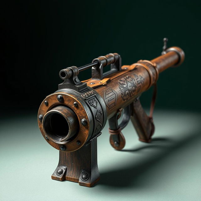 A medieval-style grenade launcher designed with a singular front-loading ammunition chamber