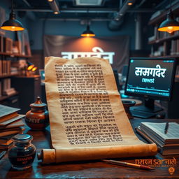 A modern twist on traditional Sanskrit journalism, featuring an ancient scroll with elegant Sanskrit calligraphy, with a background inspired by a bustling newsroom