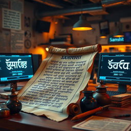 A modern twist on traditional Sanskrit journalism, featuring an ancient scroll with elegant Sanskrit calligraphy, with a background inspired by a bustling newsroom