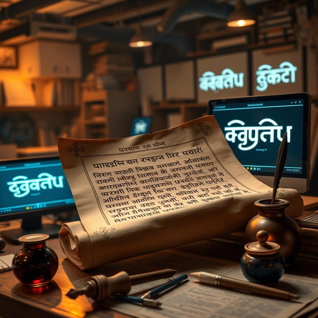 A modern twist on traditional Sanskrit journalism, featuring an ancient scroll with elegant Sanskrit calligraphy, with a background inspired by a bustling newsroom