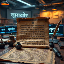 A modern twist on traditional Sanskrit journalism, featuring an ancient scroll with elegant Sanskrit calligraphy, with a background inspired by a bustling newsroom