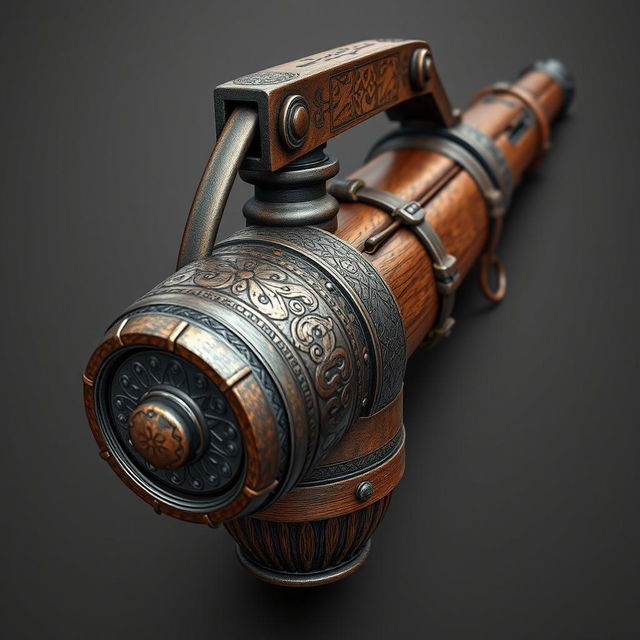 A medieval-themed grenade-launching weapon designed with a single front-loading mechanism